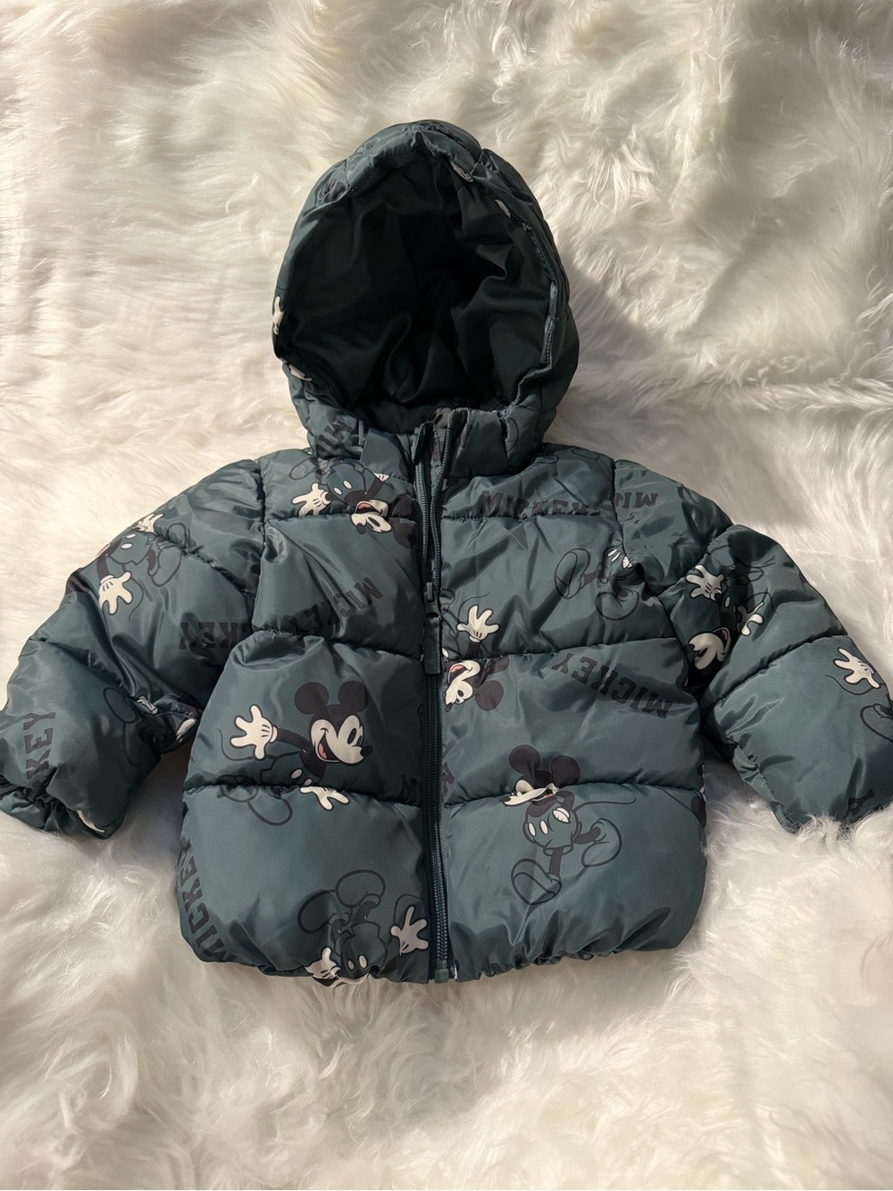 H&M Teal Hooded Puffer Jacket with Mickey Print